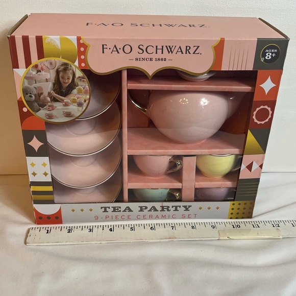 F.A.O Schwarz 9 Piece-3 Color Tea Party English Porcelain Set-Hand Painted Glaze - Picture 11 of 11